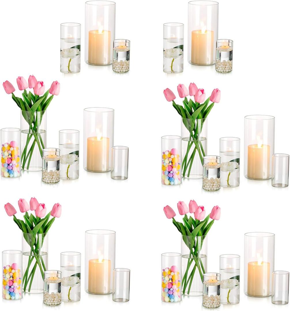 Glass Hurricane Candle Holder Set of 30, Hewory Tall Cylinder Vase for Centerpieces, Clear Glass Votive Candle Holders for Pillar Candles, Floating Candles Holder for Table Centerpieces Wedding Decor (M+L+XLD2.5"x H6" + D3.3"x H7.8" + D3.7"x H10")