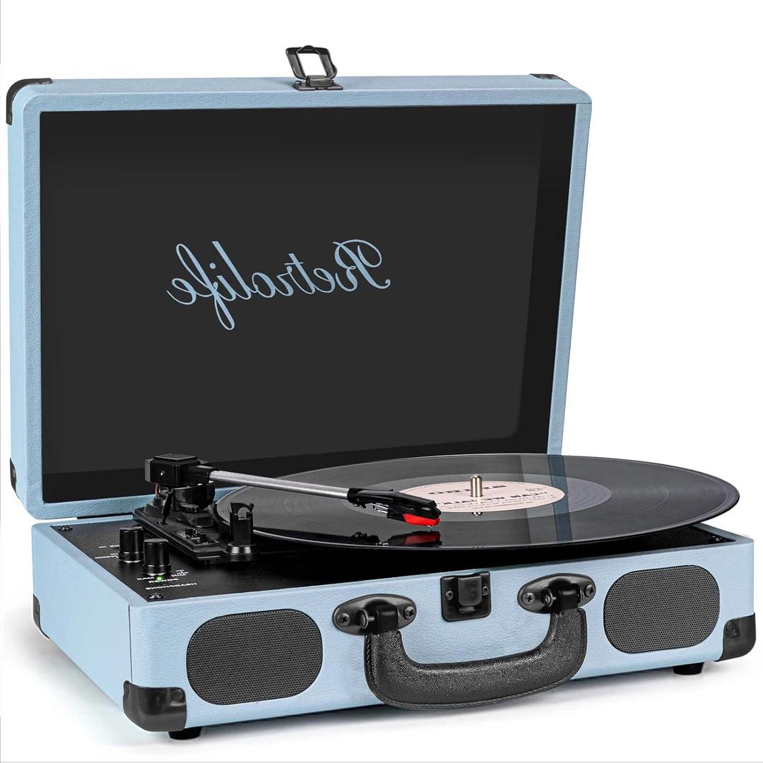 Portable Suitcase Record Player, 3-Speed Belt-Driven Vinyl Turntable with Bluetooth, Built-in Speakers, RCA Line Out, AUX, Headphone Jack, Vintage Haze Blue