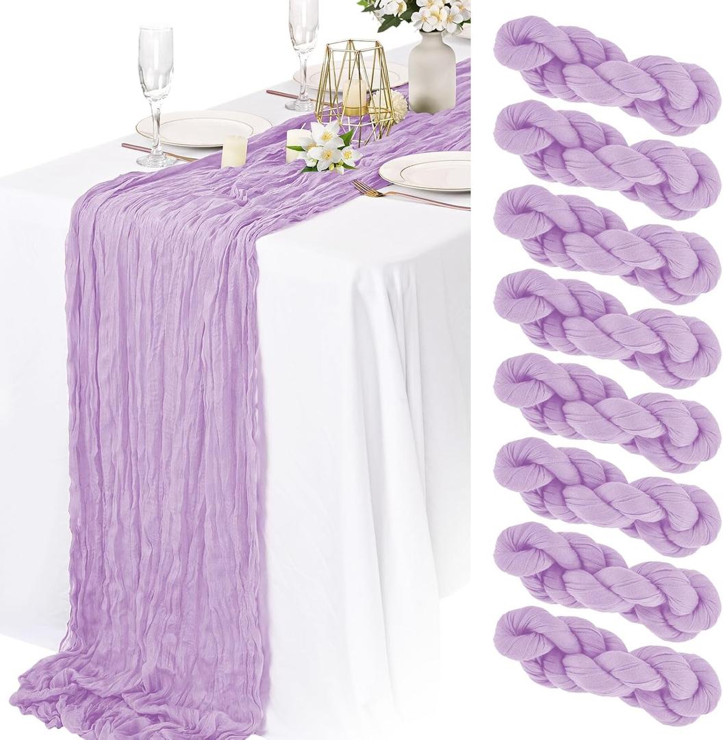 8 Pack Lilac Cheesecloth Table Runner 10FT Long Boho Gauze Fabric Table Runner Vintage Rustic Sheer Runners for Wedding Party Bridal Baby Shower Table Decorations