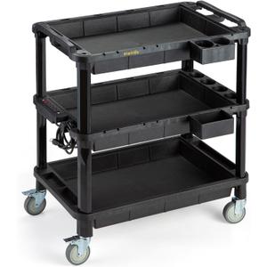 ELAFROS Multi-Use Plastic Utility Cart - 32.4x18.3 Rolling Cart, Service Cart with 3 Deep Shelves, Industrial Work Cart Organizer, 500 lbs Capacity, Black, with Power Strip