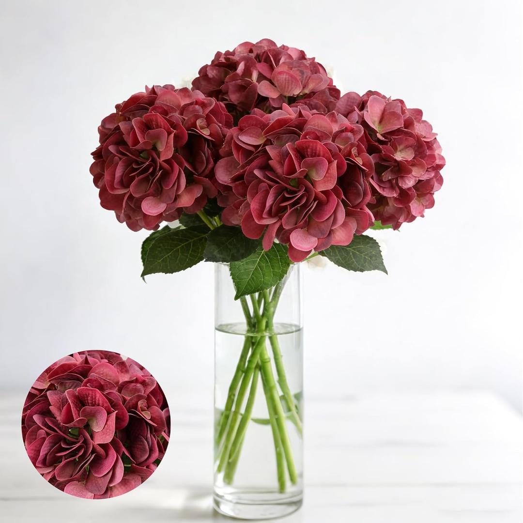 Artificial Hydrangea Flowers, 4PCS Real Touch Faux Hydrangea Stems, Latex Realistic Floral Arrangement for Home Decor, Wedding Table Centerpiece, Elegant Party Decoration, Red