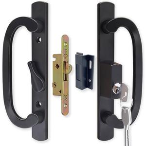Patio Sliding Door Handle Set with Mortise Lock, Key Cylinder and Keeper, Replacement Handle Lock Set Fits Door Thickness from 1-1/2" to 2-1/4", 3-15/16" Screw Hole Spacing, Keyed, Black