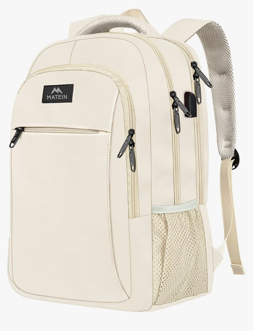 MATEIN Beige Laptop Backpack 15.6 Inch, Lightweight Sturdy Bag for College Supplies with USB Charging Port, Water Resistant Anti Theft Travel Computer Daypack Fashion Work Nurse Bag Gift for Women