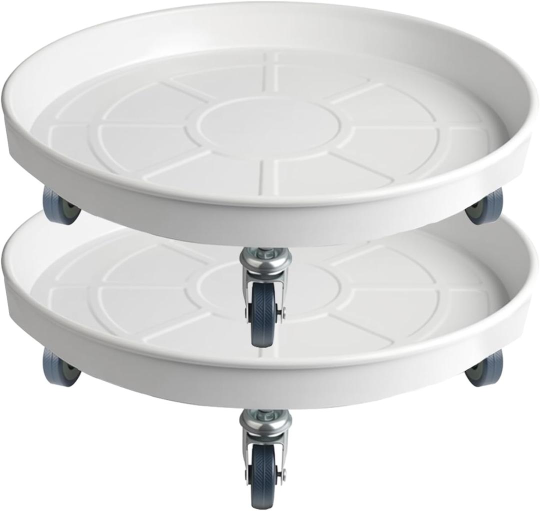 16 Inch Heavy Duty Plant Stand on Wheels, Round Plant Caddy with Wheels for Indoor & Outdoor Use, Metal Rolling Tray for Potted and Small Furniture (White 2Pcs)