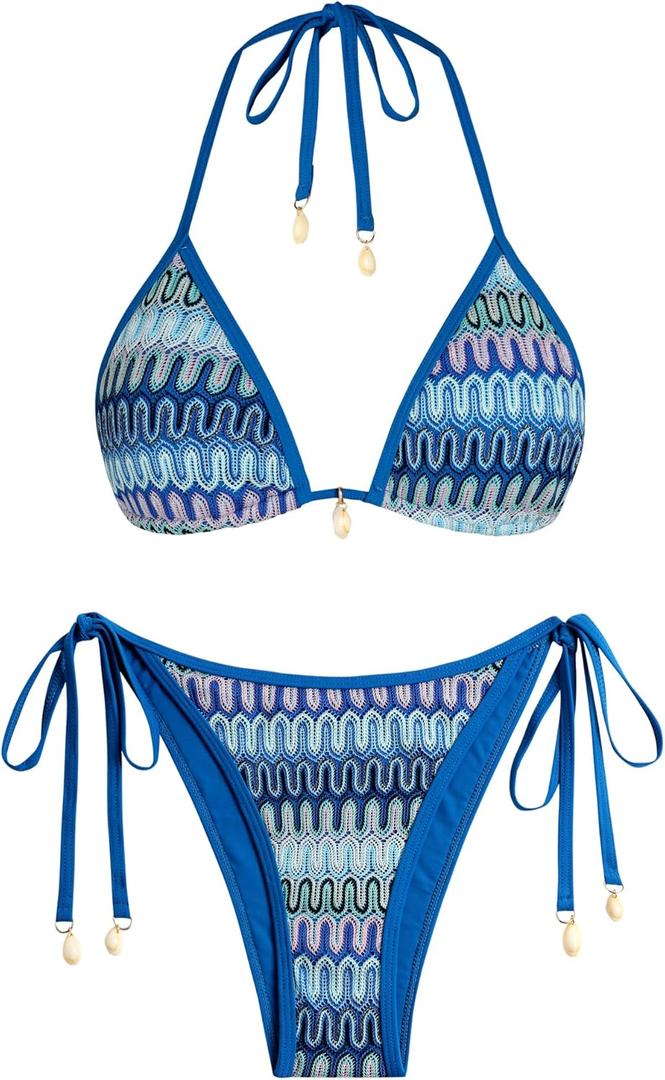 ZAFUL Women's Colorblock Stripes Triangle Halter Tied Cheeky Thong Bikini Set High Cut Two Piece Bathing Suit (2-royal Blue)