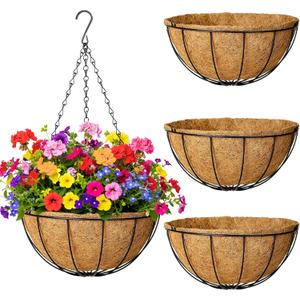 4 Pack Hanging Planters 14 Inch Metal Hanging Planter Basket Flower Pots with Coco Coir Liners Round Wire Plant Holder with Chain for Indoor Outdoor Patio Porch Garden Decoration（XG)