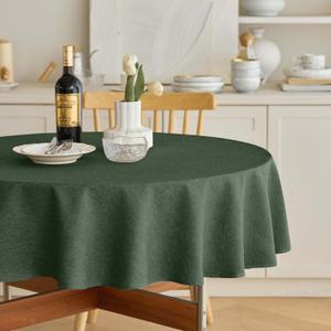 Decorelia Christmas Faux Linen Round Tablecloth, Decorative Fabric Waterproof Texture Farmhouse Table Cloth Cover for Dining Kitchen Party Indoor Outdoor Use (60 Inch, Round (2-4 Seats), Dark Green)