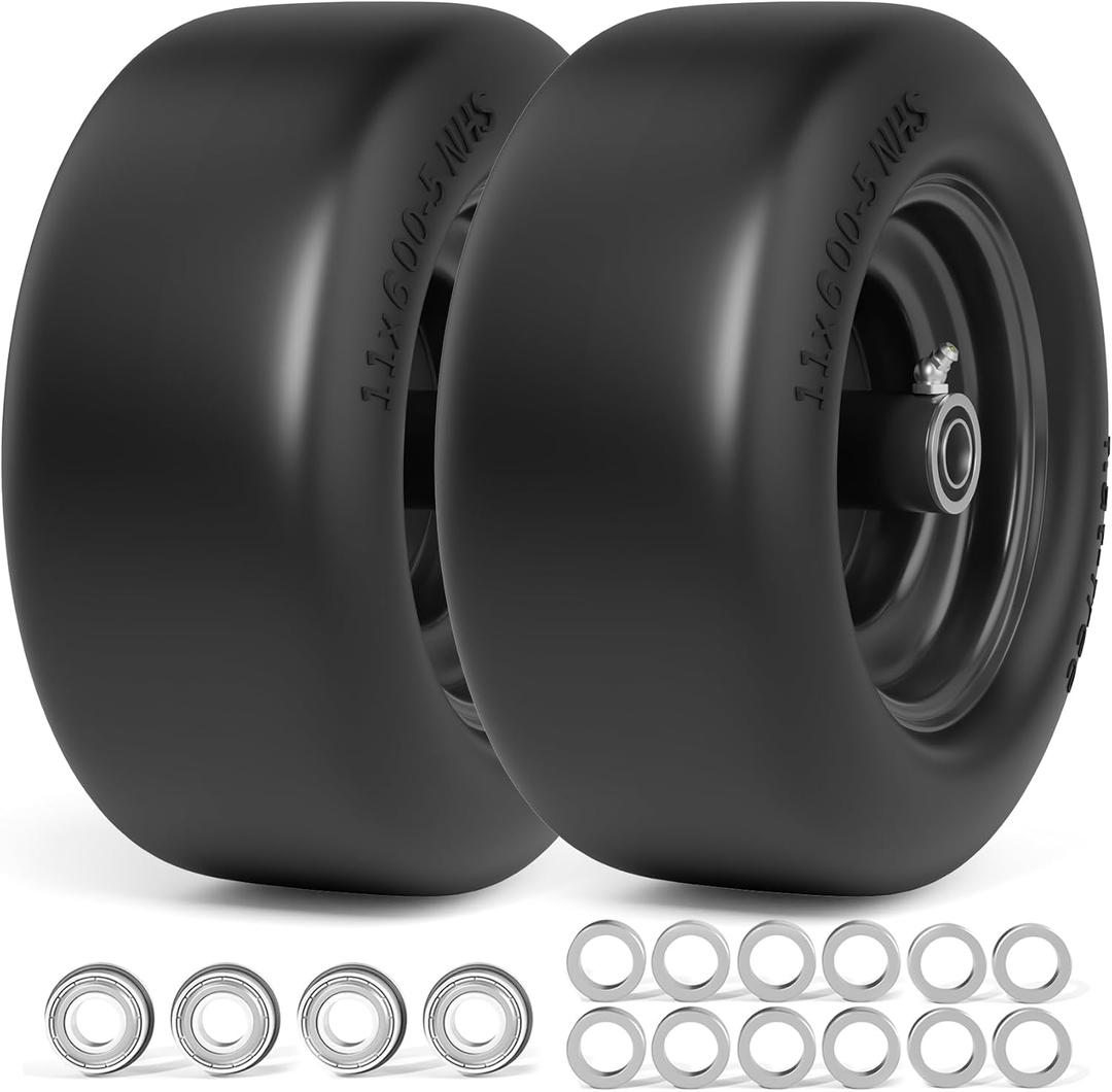 11x6.00-5 Lawn Mower Tires Flat Free, Zero Turn Mower Front Tires, 11x6-5 Solid Mower Wheel for Residential and Commercial, 3/4" and 5/8" Bearing, 6"- 8" Center Hub, 2Pack Black, 400Lbs