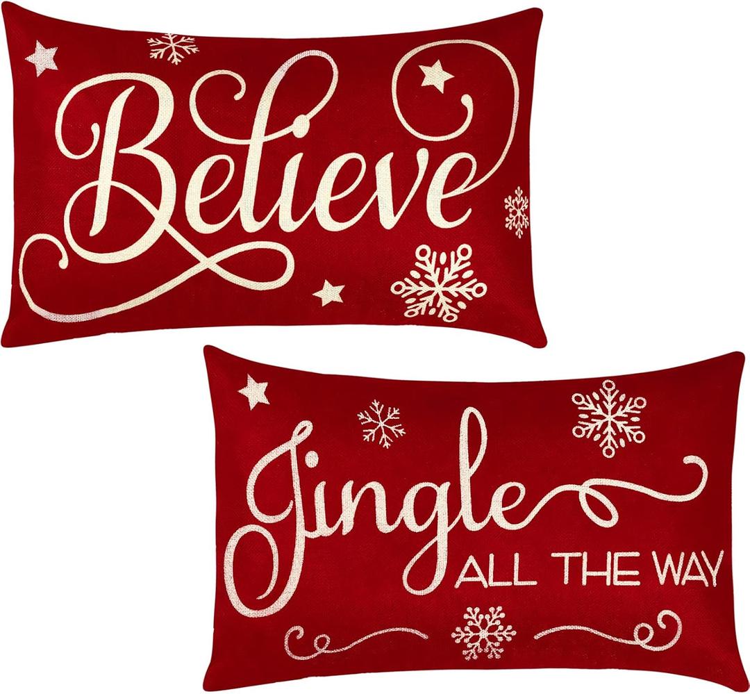 2 Pieces Christmas Pillow Covers 12 x 20 Inch Xmas Believe Throw Pillow Cases Red Cushion Cover Rectangle Xmas Linen Pillowcases for Home Bedroom Couch Sofa Christmas Decorations
