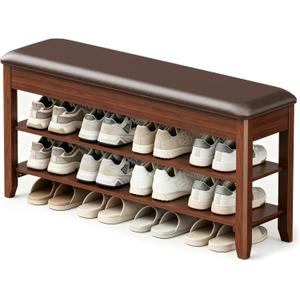LBT Solid Wood Entryway Shoe Bench with Storage, Adjustable 2-Tier Shoe Rack, Flip-Top Hidden Compartment, Padded Leather Seat, Heavy-Duty 550 lb Capacity for Entryway, Mudroom, Closet 31.5 inch