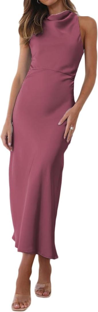 Halfisland Satin High Neck Backless Sleeveless Midi Dresses for Women Elegant Mock Neck High Waist Cross Back Cocktail Dress (Small, Plum)