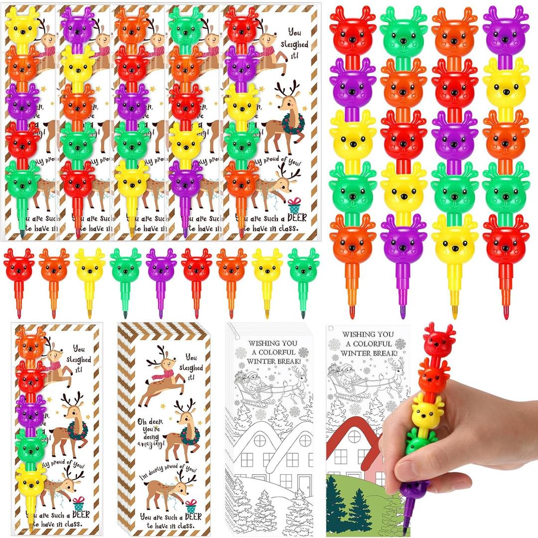 24 Sets Christmas Elk Crayons Party Favors 4 Colors Christmas Stacking Crayons with Double Sided Coloring Postcard Xmas Party Gifts Prize Bulk for Holiday Goodie Bag Stuffers Reward