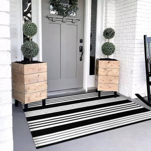 OJIA Black & White Outdoor Rug 3x5 ft Cotton Hand-Woven Striped Porch Rugs Machine Washable Entry Rug Indoor Outdoor Area Rug Front Door Rug Floor Mat for Farmhouse/Living Room/Home Entrance