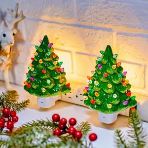 Brightown Ceramic Christmas Tree Night Light - 2 Pack 6" Christmas Decorative Ceramic Tree with ON/Off Switch, Vintage Christmas Night Light for Bedroom Bathroom Porch Holiday Decor (Green)