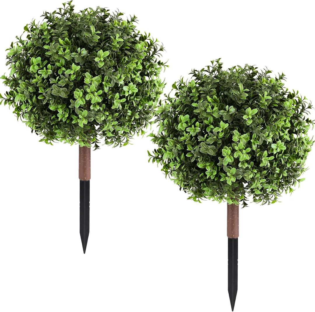 Pertivery 2 Pack Artificial Boxwood Topiary Ball Plants,23.6Inch UV Resistant Artificial Boxwood Ball Bush,with Ground Spikes,Indoor Outdoor Potted Plants for Porch, Garden, Front Door Decor