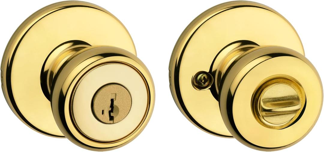 Kwikset Tylo Entry Door Knob with Lock and Key, Secure Keyed Handle Exterior, Front Entrance and Bedroom, Polished Brass, Pick Resistant SmartKey Rekey Security (1 Pack)