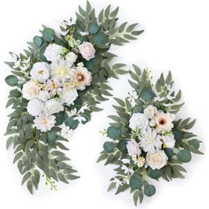 Artificial Arch Flowers Swag Set of 2 for Wedding Welcome Sign Floral Decoration and Reception Backdrop Decoration(Champagne White)