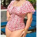 Floerns Women's Plus Size Floral One Piece Swimsuit Square Neck Ruffle Sleeve Bathing Suit (3X-Large Plus, Red Multi)