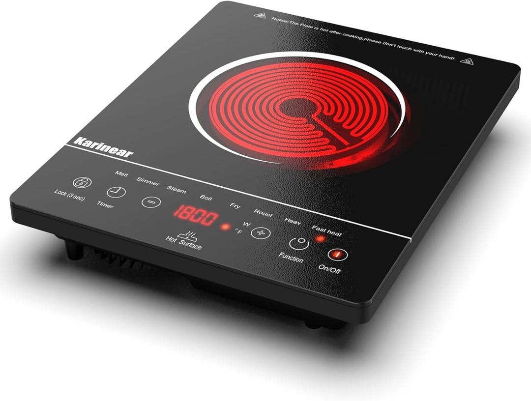 Karinear Portable Electric Cooktop, Electric Stove Single Burner Ceramic Cooktop with Touch Control, Child Safety Lock, Timer, Residual Heat Indicator, Overheat Protection, 1800W 110V Infrared Burner