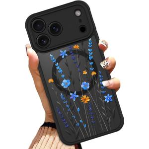 OOK Case for iPhone 17 Pro Max 6.9 Inch (Compatible with MagSafe) Blue Flowers Cute Floral Translucent Phone Cover Soft TPU + Hard PC Anti-Scratch Shockproof Magnetic Case for Women