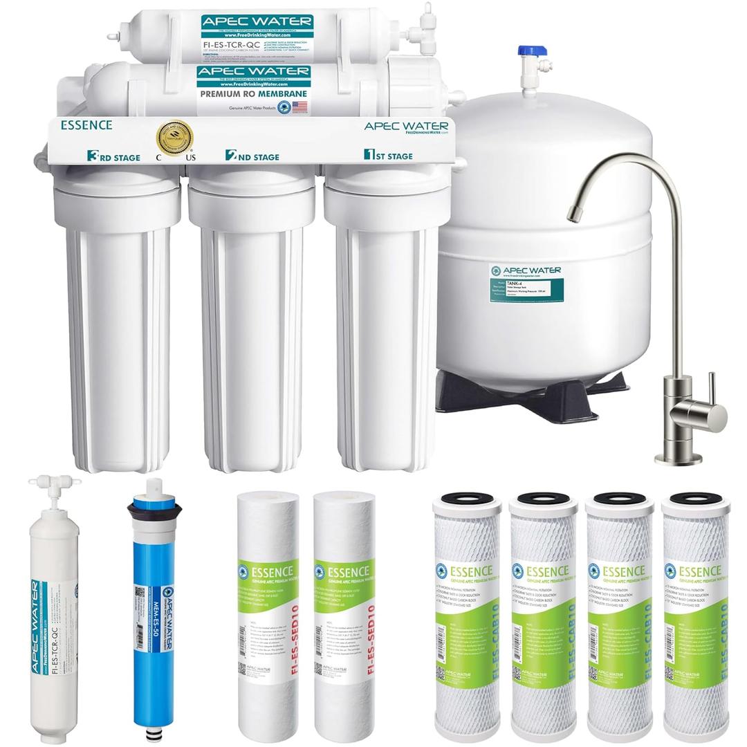 APEC Water Systems ROES-50 Essence Series Top Tier 5-Stage WQA Certified Ultra Safe Reverse Osmosis Drinking Water Filter System with Extra High Capacity Pre-Filter Set Stage 1-3 (RO Value Bundle)