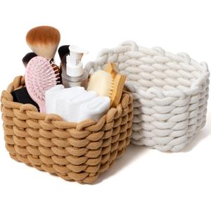 Small Macrame Woven Storage Baskets 2 Pack – Boho Cotton Rope Bins for Bathroom, Bedroom, Desk & Vanity Organizer – White & Khaki, 7x5.5x5 Inches