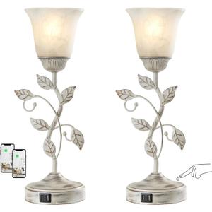 Set of 2 Rustic Touch Table Lamps for Bedroom, 3-Way Dimmable Nightstand Flower Lamp with 2 USB Ports, Retro White Glass Shade Leaf Lamp for Living Room Entryway, 2 LED Bulb Included