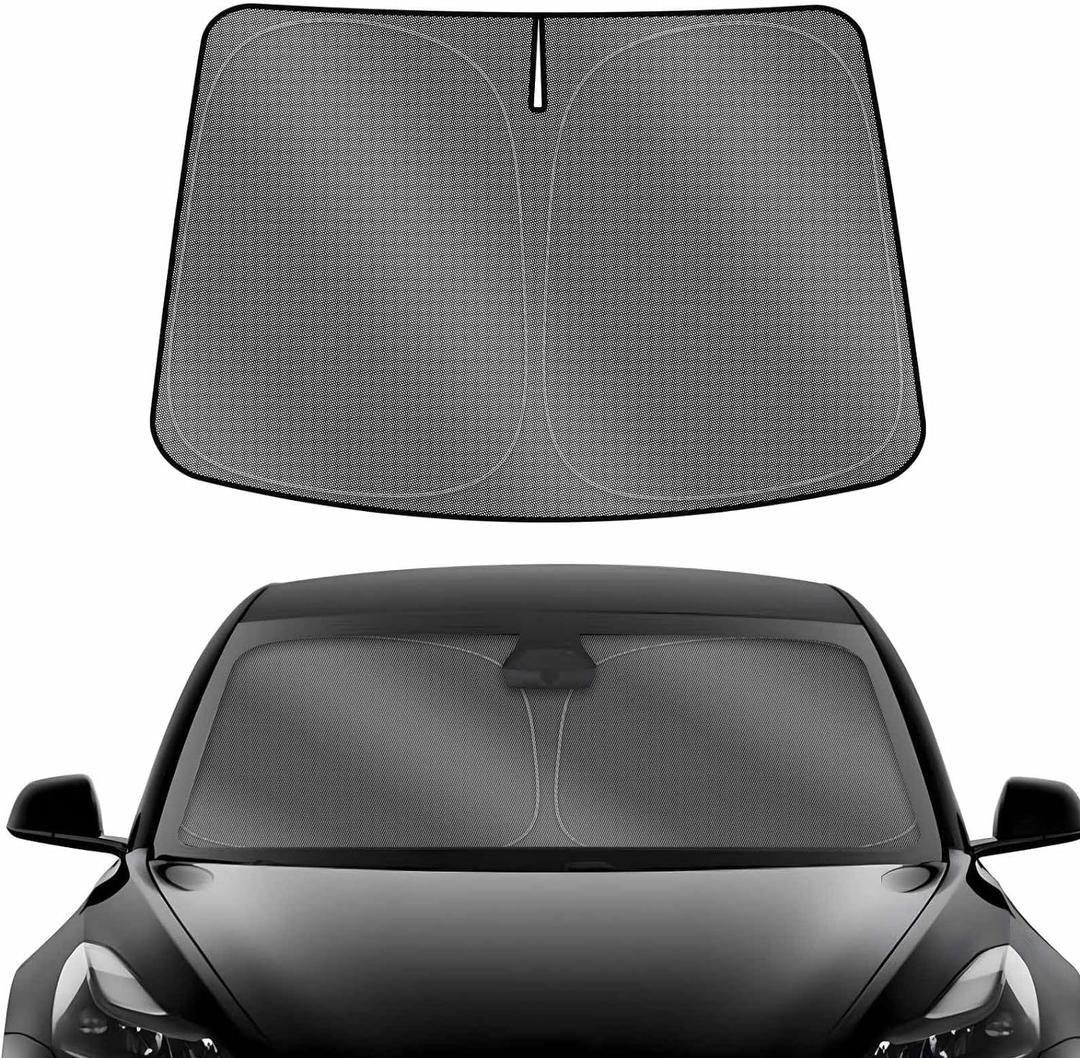 Karltys for Tesla Model Y /3 Windshield Sun Shade 2017-2025 2026, UPF50+ Sun Protection Model Y Juniper Front Windshield Sunshade, Foldable Model 3 Highland Sun Visor Protector Blocks Heat UV Rays