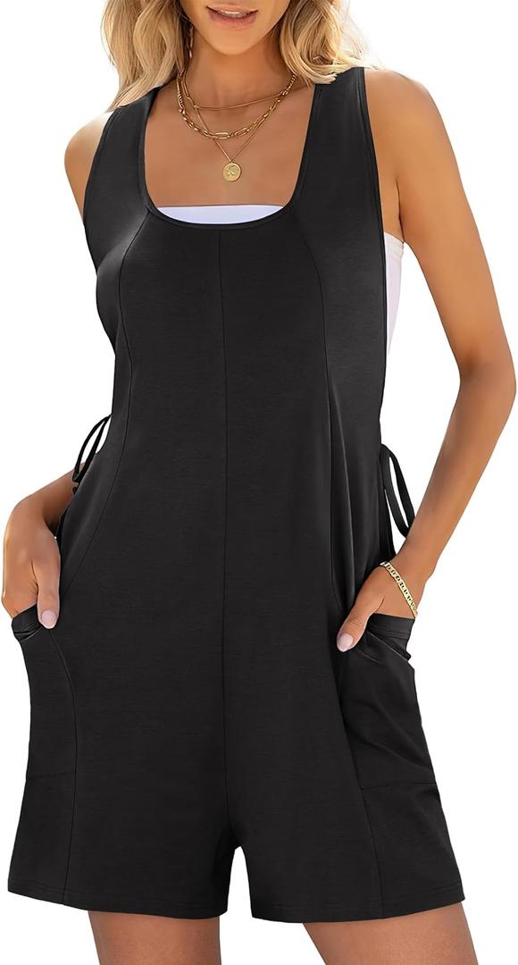 ANRABESS Rompers for Women 2025 Summer Casual Loose Sleeveless Back Adjustable Jumpsuit Short Overalls Beach Vacation Clothes (Small, Black)