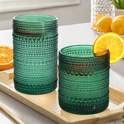 Lumkit Vintage Hobnail Driinking Glasses Set, Glassware Drinking Set of 8, 12 oz Highball Glasses & 10 oz Cocktail Glasses, Tumbler Glasses for Cocktails, Whiskey, Juice, Milk, Blue