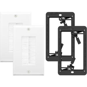 VCE Brush Wall Plate Cable Pass Through with Bracket, Decorator Cover for Low Voltage Cables - White, 2-Pack