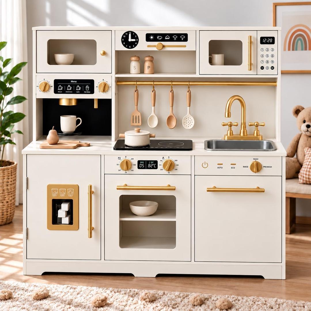 Kids Play Kitchen, Large Wooden Toy Kitchen Set with 41Pcs Food & Cookware, 43"L X 40"H