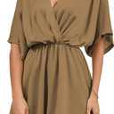 LYANER Women's Satin V Neck Twist Ruffle Flowy Swing Short Sleeve Elegant Mini Dress (Medium, Brown)