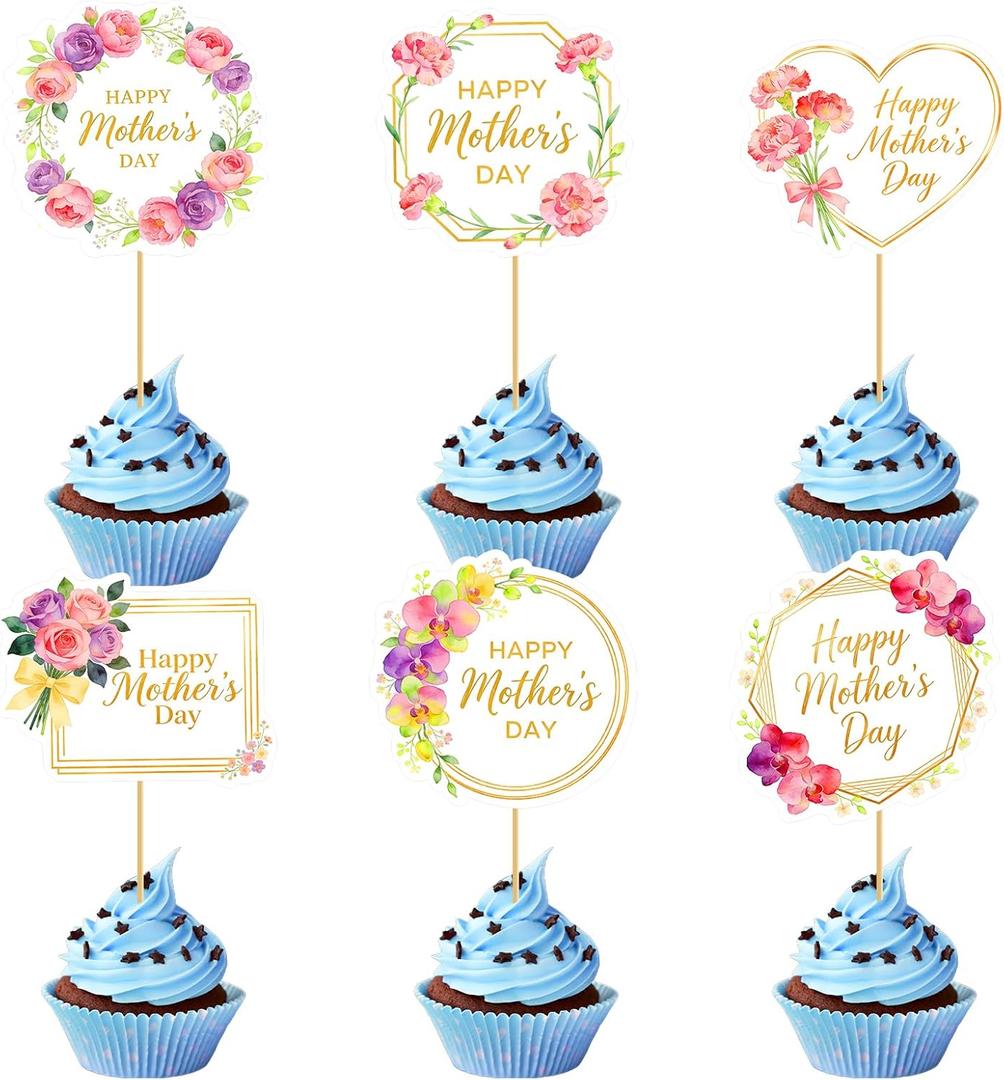 48Pcs Mother's Day Cake Topper, Mothers Day Decorations Supplies Six Styles, Flower Cupcake Toppers Supplies for Party Suitable for Decorating Flowers Gift Boxes & Cakes
