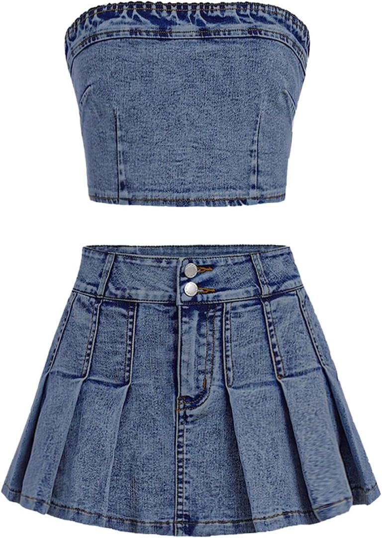 WDIRARA Girl's Y2K 2 Piece Outfits Bandeau Tube Tops Jeans Denim Sets A Line Pleated Mini Skirt Set