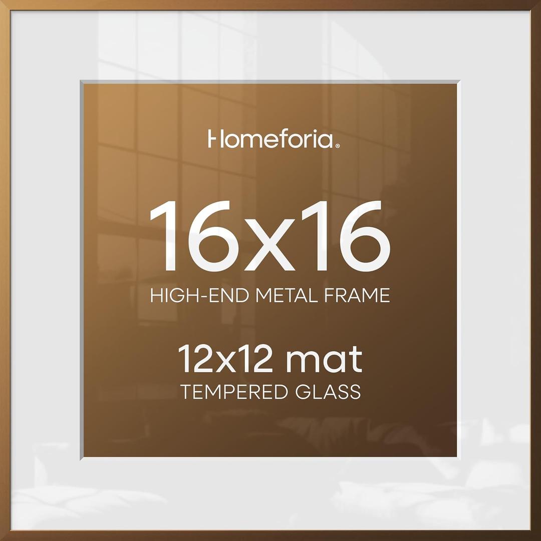 Homeforia 16x16 Picture Bronze Frame, High End Metal 16 x 16 Square Poster Frame with Mat 12 x 12 Photo, 16x16 Brass Frame Matted to 12x12 Print, 16by16 Thin Frames, Tempered Glass, Wall Kit, Set of 1