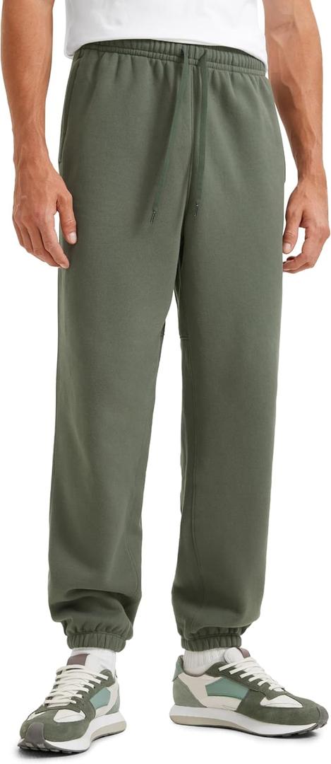 CRZ YOGA Cotton Fleece Lined Relaxed Sweatpants for Men 32" - Loose Lounge Casual Bottom Sweat Pants with Zipper Pocket (Large, Light Army Green)
