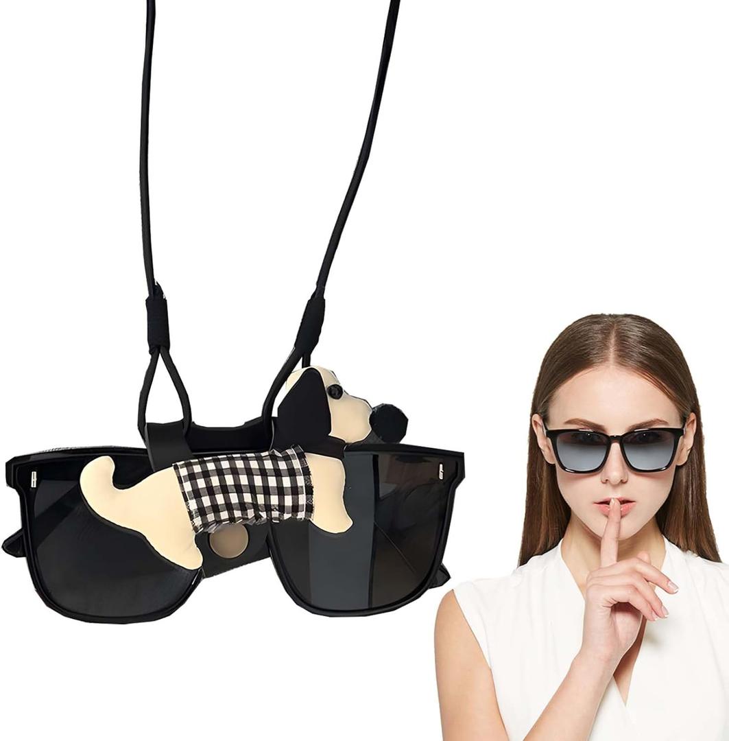 Stylish Puppy Shaped PU Leather Eyeglasses Strap Holder with Adjustable Length - Sunglasses Case for Women and Men (Black)