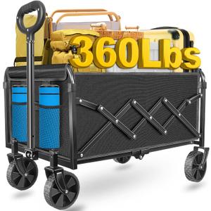 Wagons Carts Foldable, Collapsible Wagon with Wheels  Foldable Wagon for Groceries,Picnic,Beach,Camping, Small Hauls, Apartment Moving Storage, Portable Utility Folding Wagon Cart, 360lbs, Black
