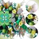 idyllic Irish Festival Aloe Green 22 Inch St Patricks Day Wreath, Four Leaf Clover Wood Sign with Green White Bow, Shamrock Decorations for Front Door Window Indoor Outdoor Holiday Decor