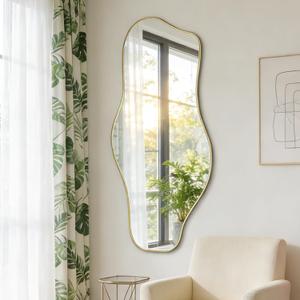 Irregular Wall Mirror, 47.2"x21.6" Gold Asymmetrical Frameless Mirror, Modern Organic Shaped Mirrors for Living Room Bedroom Hallway Entryway, Horizontal or Vertical Hanging