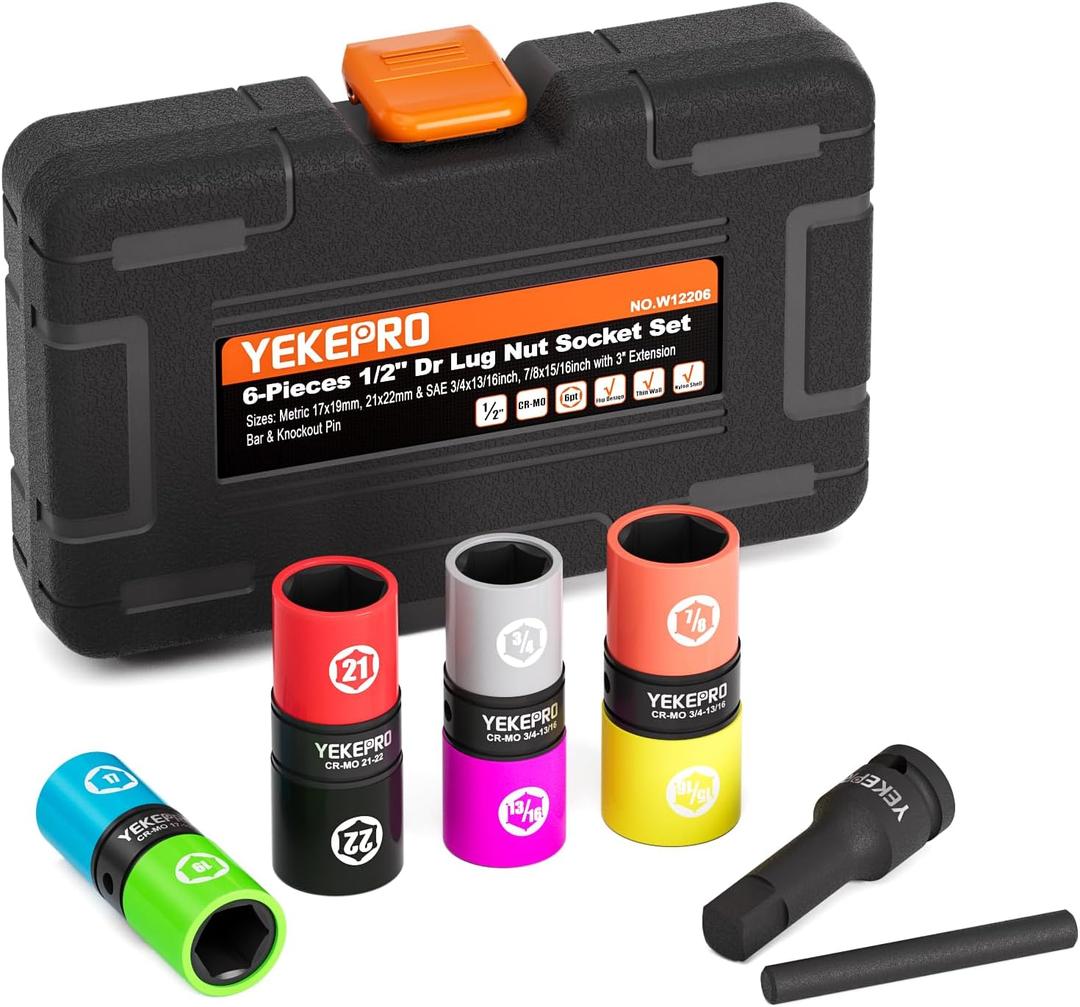 Lug Nut Socket Set, 8 Size 1/2-Inch Drive Wheel Impact Flip Hex Socket Set, Non-Marring & Thin Wall Lug Nut Socket Set, Lug Nut Removal Tool For Car, Cr-Mo Steel, W12206 (SAE&METRIC)