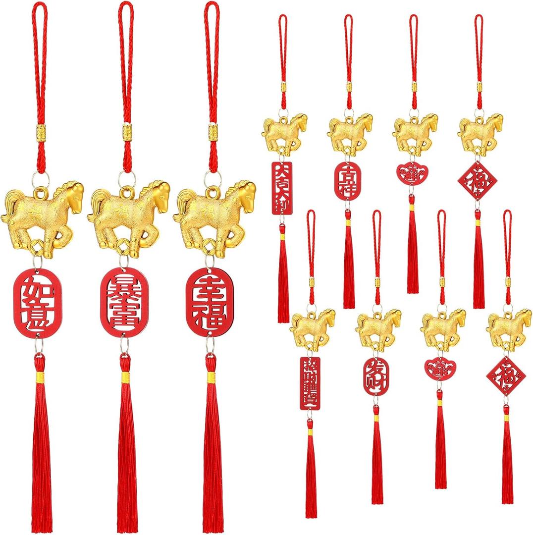 Geosar 12 Pcs Chinese New Year Decorations 2026 Year of The Horse Lucky Charm Lunar Red Hanging Ornaments Feng Shui Tassel Knot Wealth Good Luck for Home, Office, Car, Trees Decor(Horse Style)