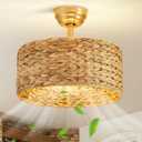 Boho Fandelier Ceiling Fans with Lights, Rattan Chandelier Fan Gold Caged Ceiling Fan with Light Remote, Flush Mount Chandelier Ceiling Fan with 6 Speeds Fandelier for Bedroom, Living Room,Kitchen