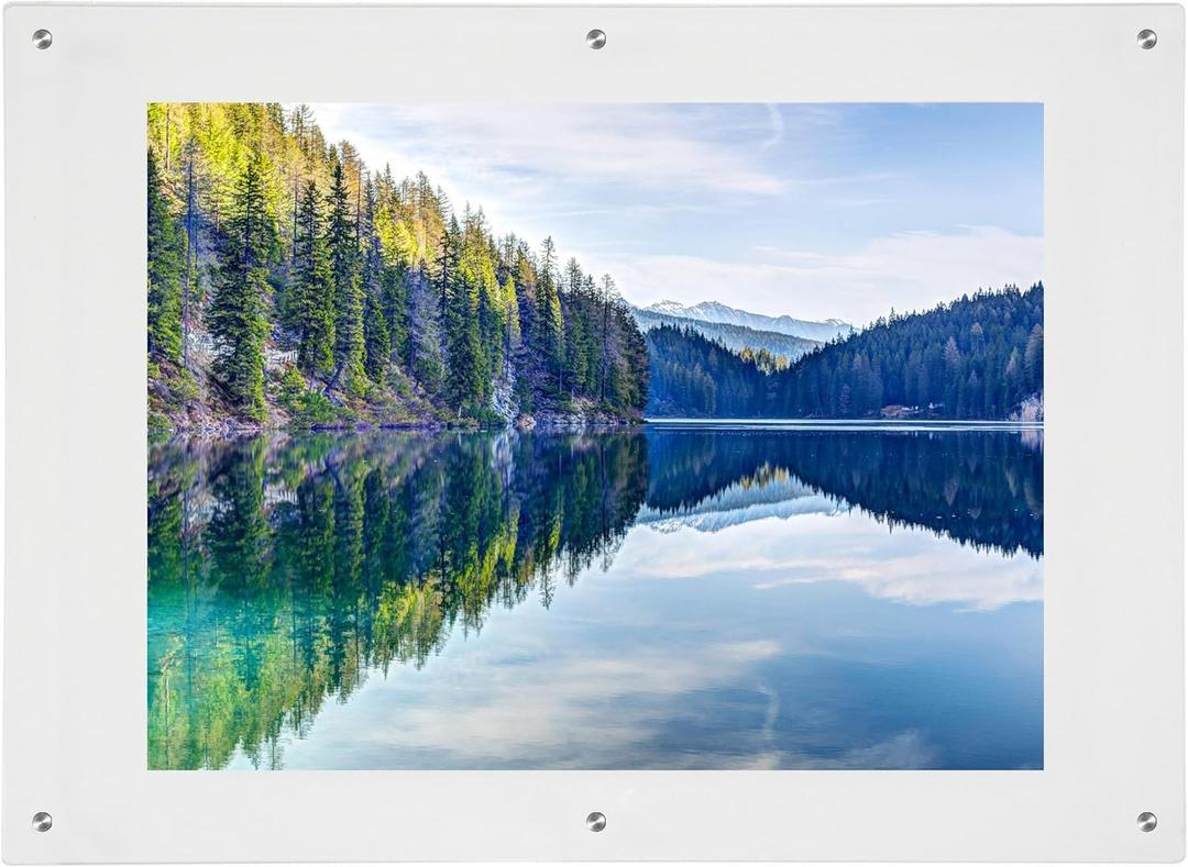 Rebecca Luxurious-18x24 Frameless Acrylic Picture Frame 18x24 inch - Ultra Clear 4mm Acrylic Floating Frame with Silver Brackets - Easy Wall Installation for Certificates, Graduation, Family Photos, Documents - Modern Photo Display (Transparent, 18x24)