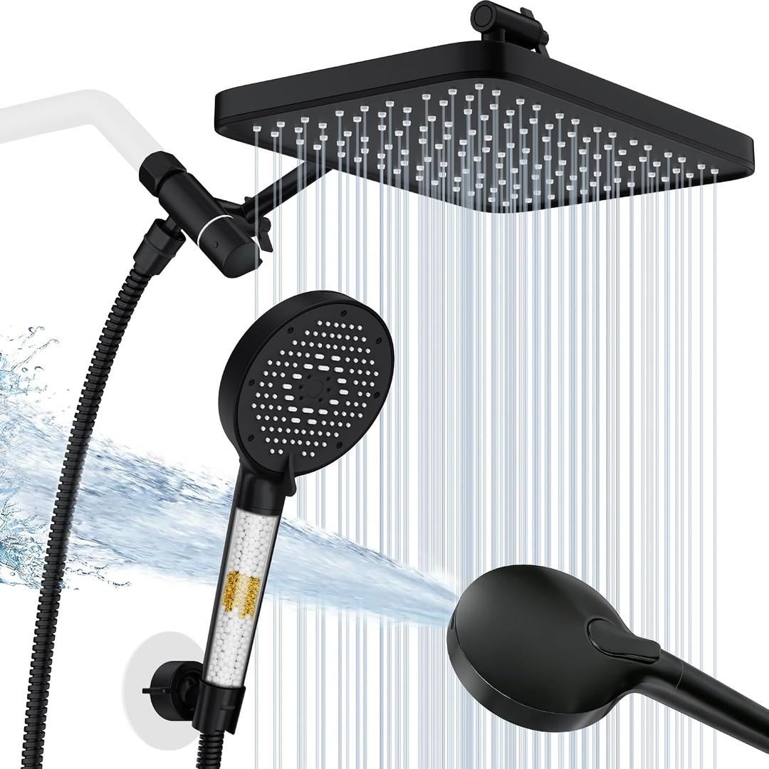 12 Inch Wide Rain Shower Head with Filtered Handheld Combo, High Pressure Rainfall Shower Head, 9 Spray Modes Handheld with 9-Inch Extension Arm, Comes with Filter Removes Chlorine(Black)