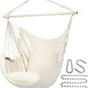 Y- STOP Hammock Chair Hanging Rope Swing Chair, Max 500 Lbs, 2 Seat Cushions Included, Removable Steel Spreader Bar with Anti-Slip Rings for Indoor or Outdoor (Beige)