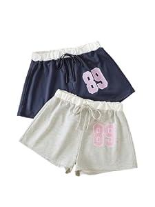GORGLITTER Women's 2 Pack Pajama Shorts Graphic Drawstring Waist Casual Sleep Lounge Shorts Grey and Blue Small