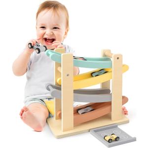 Vanplay Car Ramp Toys for One Year Old Boy Birthday Gifts, Wooden Montessori Toys for 1 2 Year Old, Race Track Truck Toy with 4 Mini Cars, First Christmas Birthday Gifts for Toddlers 1-3-2-4