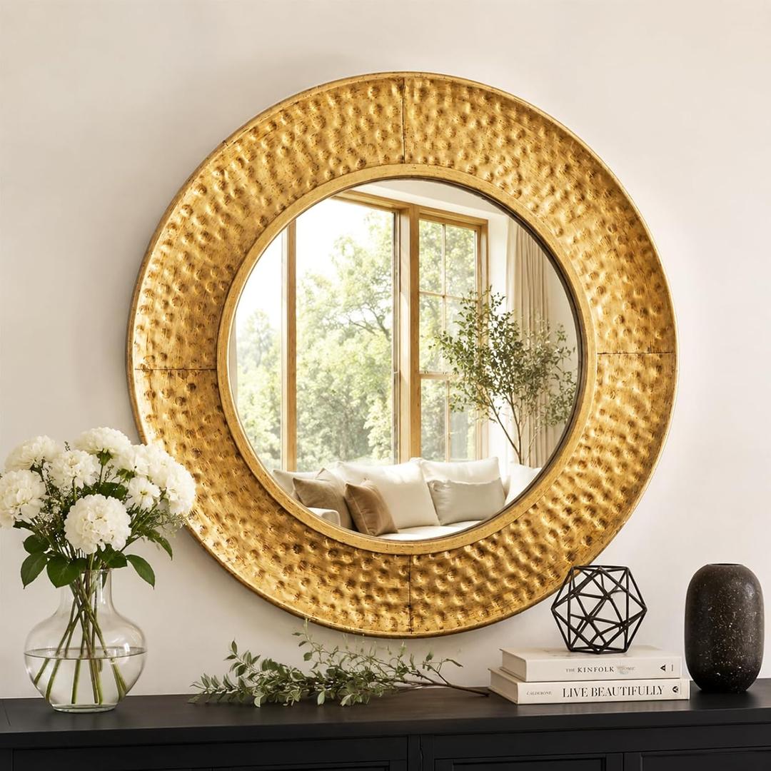 24 Inch Round Wall Mirror, Hammered Antique Gold Metal Frame, Vintage Decorative Circle Mirror for Bathroom Vanity, Living Room, Entryway, Farmhouse Wall Decor